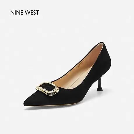 Nine West/玖熙小猫跟单鞋女出尘琥珀方扣2025夏新款水钻绒高跟鞋图片