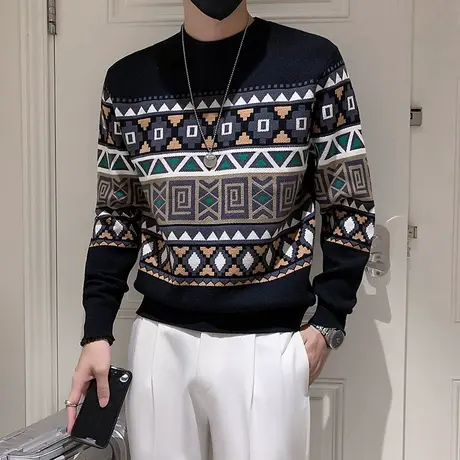 冬季时尚休闲花色民族风图案潮牌潮流学生长袖针织衫男士毛衣体恤图片
