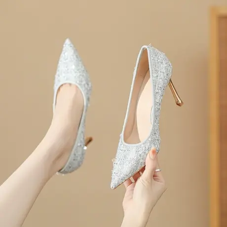 高跟鞋女2024年新款秋冬尖头闪闪亮片宴会性感配礼服伴娘细跟单鞋图片