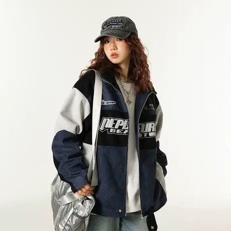 YEP麂皮绒机车风外套女春秋2024新款ins潮牌复古拼接夹克上衣宽松图片