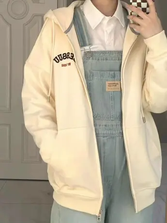 美式复古卫衣女秋冬季小个子宽松韩系慵懒风连帽加绒加厚开衫外套商品大图