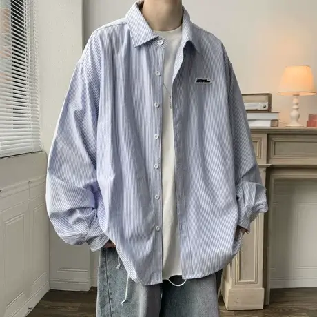 秋冬竖条纹长袖衬衫男潮牌衬衣青年港风休闲上衣日系贴标简约外套图片