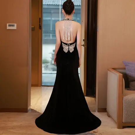 黑色晚礼服女高级感拖尾性感大气模特走秀气质流苏宴会挂脖连衣裙商品大图
