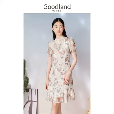 Goodland美地女装2023夏季新中式立领钉珠盘扣收腰旗袍连衣裙商品大图