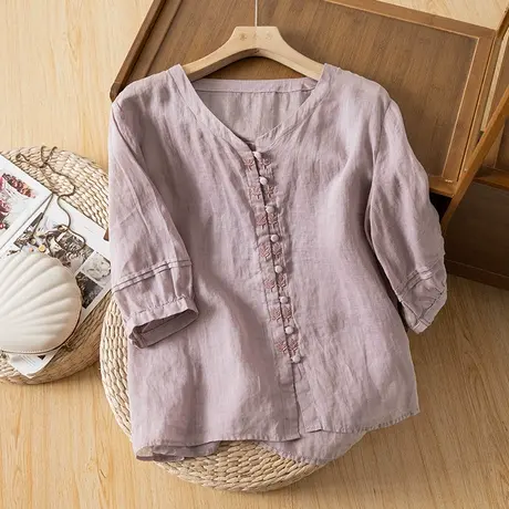享永子五分袖苎麻小衫女文艺复古高级感棉麻漂亮衬衫2024夏季新款商品大图