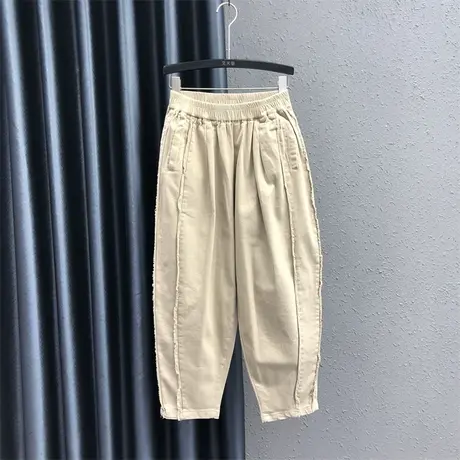 欧货哈伦裤女2024春季新款卡其色松紧腰设计感休闲百搭牛仔九分裤图片