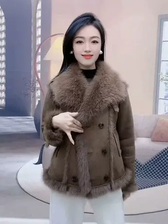 皮毛一体加绒加厚保暖外套女士冬季新款宽松遮肉显瘦长袖翻领上衣商品大图