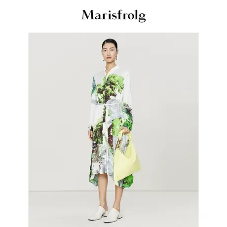 【艺术匠坊】玛丝菲尔时尚气质两穿衬衫式花稿印花系带连衣裙女图片