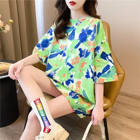 扎染中长款短袖t恤女韩版宽松原宿bf风夏2024新款ins半袖上衣服潮图片