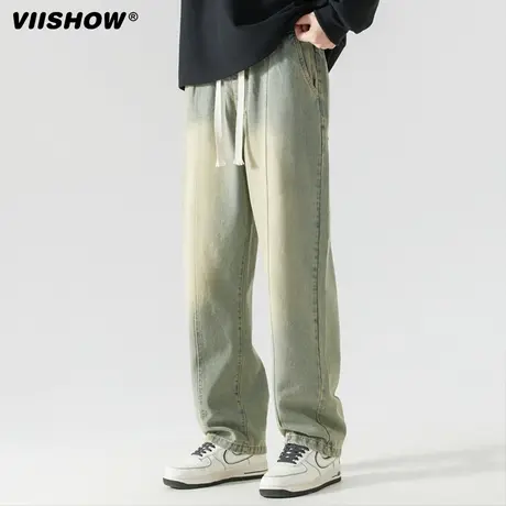 VIISHOW牛仔裤男春季美式vibe复古高街长裤松紧腰宽松直筒阔腿裤图片