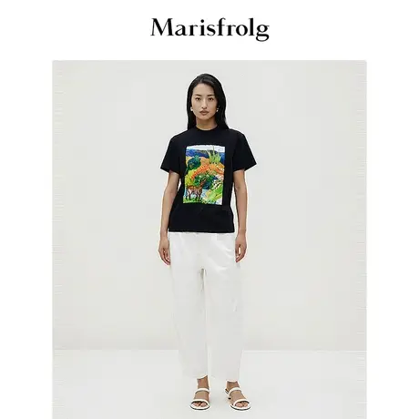 【商场同款】玛丝菲尔2024春新款黑色圆领时尚印花短袖T恤上衣女商品大图