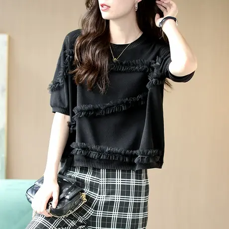 宝诗黎黑色时尚毛衣女装2024宽松系带早秋针织衫新款网纱拼接上衣图片