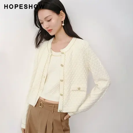 红袖浅米色香风针织开衫hopeshow2024春季新款纯色慵懒圆领上衣图片