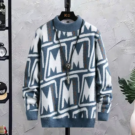 水貂绒毛衣男款秋冬季加绒加厚宽松半高领慵懒风青少年保暖线衣服商品大图