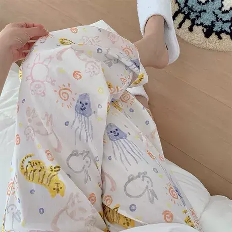 韩版春秋女纯棉睡裤卡通梭织棉百搭长裤开外穿短裤小老虎家居裤商品大图