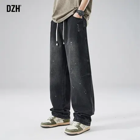 男士黑色松紧腰牛仔裤男春季宽松直2024新款高街裤子休闲百搭男裤商品大图