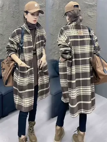 2024早春季新款百搭咖色撞色格子衬衫外套长袖女装高级感爆款上衣商品大图