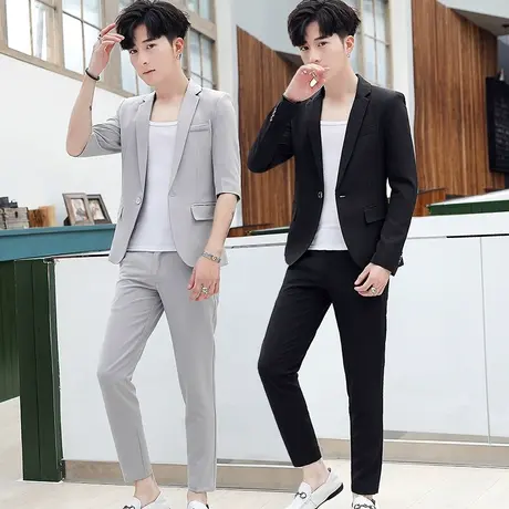 男士夏季薄款中袖西装韩版潮流修身七分袖单西外套五分小西服套装商品大图