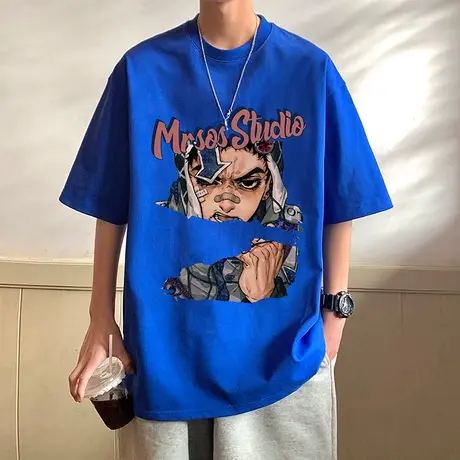 国潮宽松短袖T恤男夏季潮流纯棉重磅半袖动漫体恤港风高街上衣服商品大图