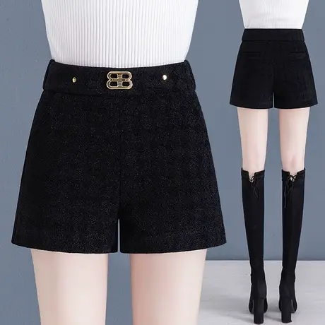 黑色水貂绒配靴子的短裤女2023秋冬新款高腰显瘦加厚外穿毛呢靴裤商品大图