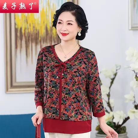 妈妈春装洋气上衣服2023新款60岁50春秋中袖T恤衫打底中老年女装商品大图