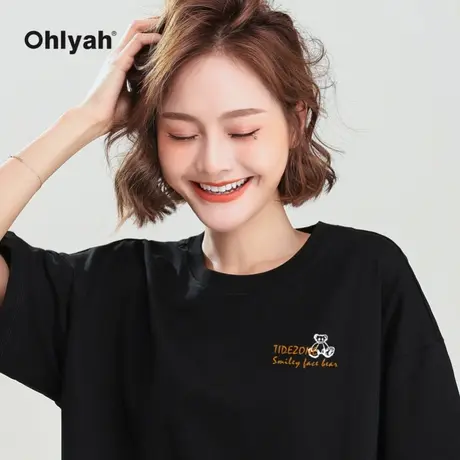 Ohlyah2023夏新款简约黑色宽松纯棉小熊T恤女学生港风ins打底衫潮图片