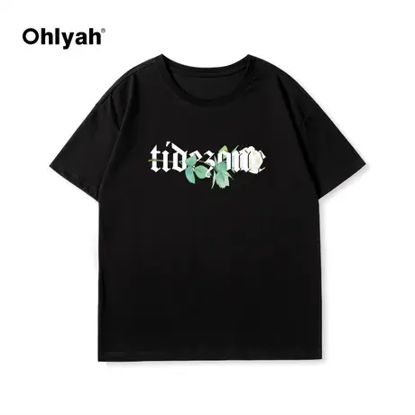 Ohlyah潮牌植物花卉绿色花朵印花情侣简约宽松夏短袖t恤男女同款商品大图