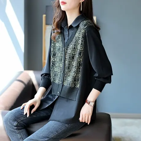 宝诗黎假两件针织马甲拼接衬衫2023新款设计感长袖衬衣时尚秋装女商品大图