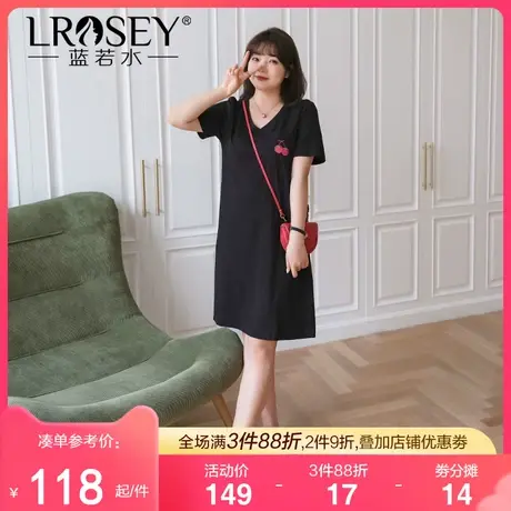 蓝若水大码简约气质V领直筒裙胖mm夏装宽松遮肉印花棉质连衣裙女图片