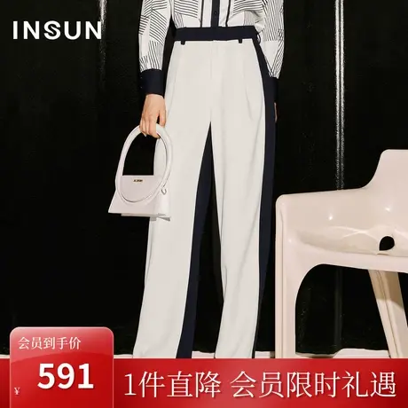 恩裳COVER2023秋新款时尚酷帅双色拼色通勤休闲裤舒适弹力阔腿裤图片