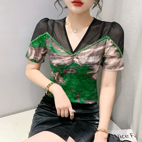 性感V领钉珠T恤女短袖夏季欧货时尚印花网纱拼接上衣气质修身小衫商品大图