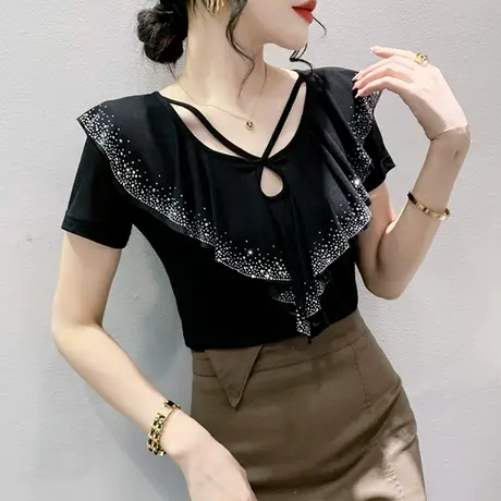 2023夏装新款网纱荷叶边上衣女短袖性感镂空V领小衫时尚烫钻T恤潮商品大图