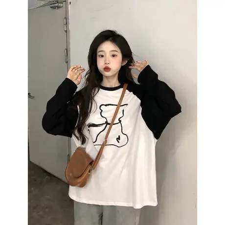 黑白撞色插肩长袖t恤女设计感小众ins潮秋冬宽松内搭打底衫爆款商品大图