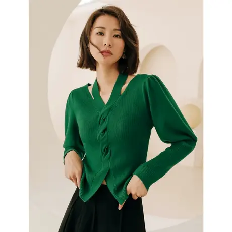 弥古绿色泡泡袖针织衫设计感扭花毛衣内搭女春秋高级感打底衫上衣图片