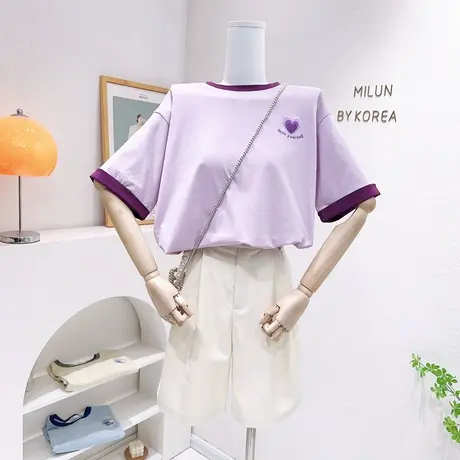 ins别致刺绣爱心短袖上衣夏季新款韩版洋气温柔甜美撞色纯棉T恤衫商品大图