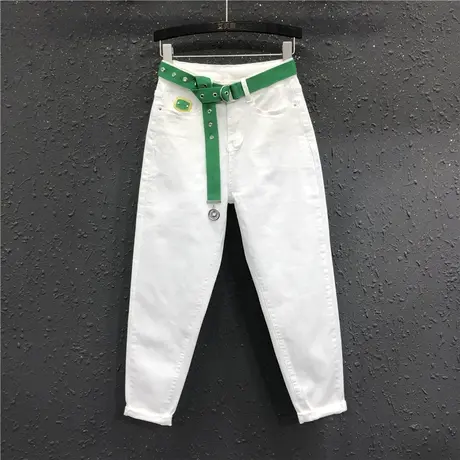 白色休闲牛仔哈伦裤女2023春夏新款欧货高腰显瘦百搭老爹裤九分裤图片