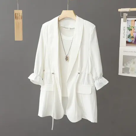 夏季白色轻薄薄款小西装外套女喇叭七分袖新款收腰显瘦西服上衣女图片