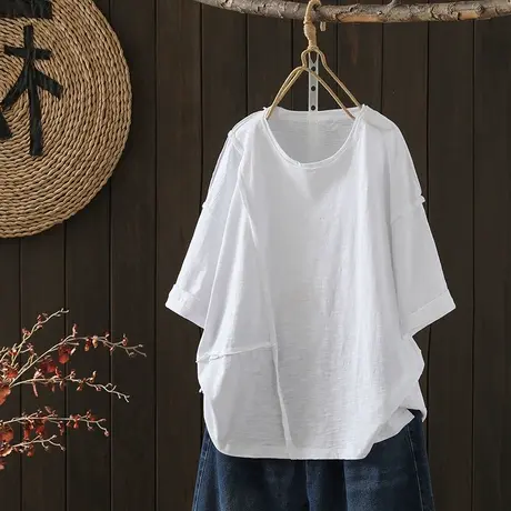 枫谜2023夏季新款拼接竹节棉女士圆领短袖文艺简约宽松显瘦上衣图片
