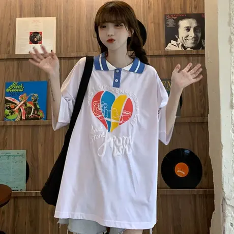 日系polo衫短袖t恤女2021夏季宽松韩版设计感小众港风上衣服ins潮商品大图