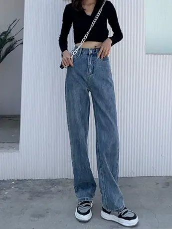 清仓捡漏百搭复古阔腿牛仔裤女宽松2023新款春秋高腰直筒拖地裤商品大图