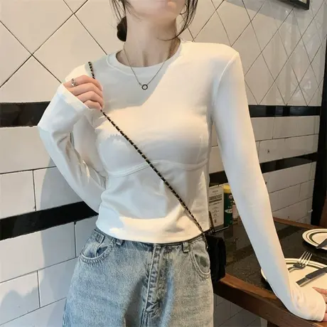 早春设计感长袖t恤女2023新款春秋季韩版修身内搭短款打底衫上衣图片