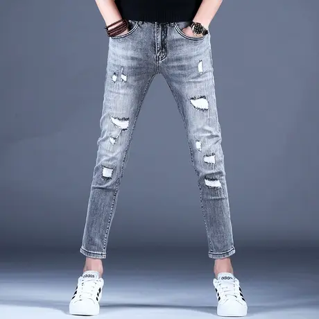 2023男士新款牛仔裤子简约黑灰色百搭破洞补丁小脚裤春季棉弹潮牌商品大图