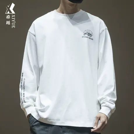 希越纯棉美式复古印花T恤男秋季宽松大码260克重磅圆领内搭打底衫商品大图