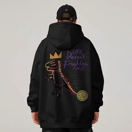 美式嘻哈连帽大码男装卫衣加绒卡通印花2023新款休闲重磅宽松上衣图片