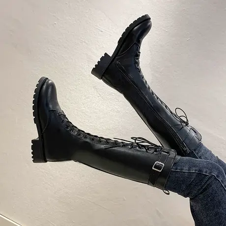 骑士靴子女冬2023年新款中筒马丁靴英伦风不过膝长筒靴瘦瘦短靴子图片