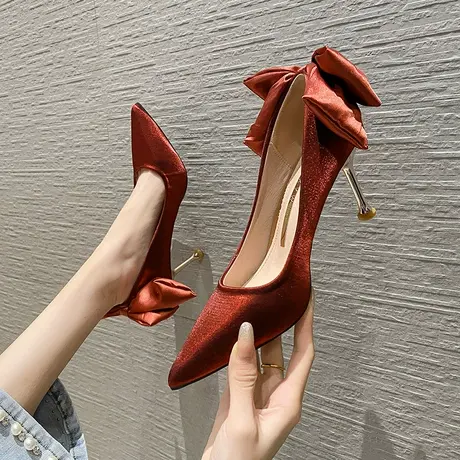 红色蝴蝶结新娘婚鞋2022年夏季新款性感百搭尖头浅口高跟鞋女细跟商品大图