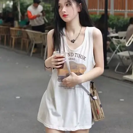 纯棉吊带运动坎肩背心无袖t恤女夏季设计感小众外穿宽松挂脖上衣图片