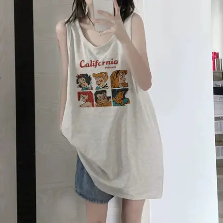 复古卡通t恤女夏季2024新款宽松中长款设计感打底无袖背心上衣服图片