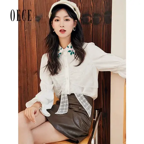 oece2022春秋装新款女装法式仙气拼纱刺绣长袖衬衫上衣图片