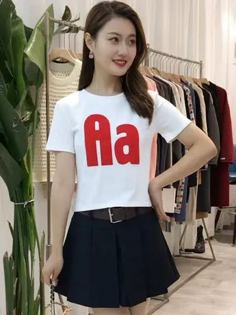 白色短袖t恤女2023年夏季新款修身显瘦红色字母短款打底衫上衣潮商品大图